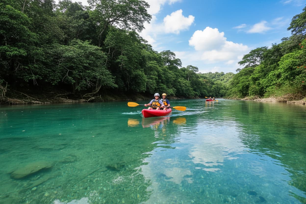 Couple kayaking on the turquoise Jamao River surrounded by lush tropical forest in the Dominican Republic.