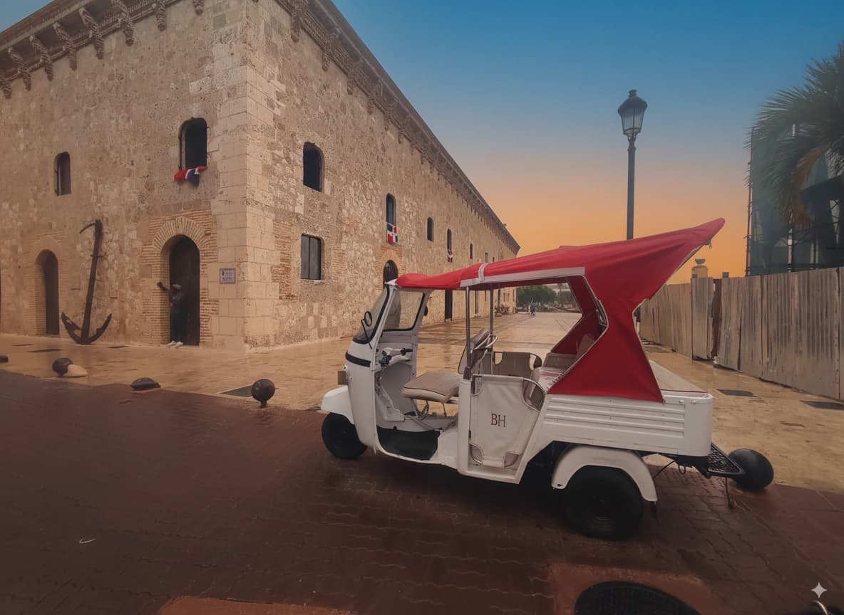 Tuk-Tuk parked in front of Atarazanas Reales in Santo Domingo’s Colonial Zone at sunset